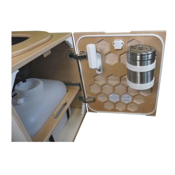 Trenntoilette campbee Hive One weiß front geöffnet mit Halterungen